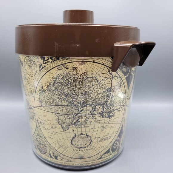 Vintage Thermo-Serv West Bend USA Brown Lid Ice Bucket With World Map Design - Picture 13 of 15